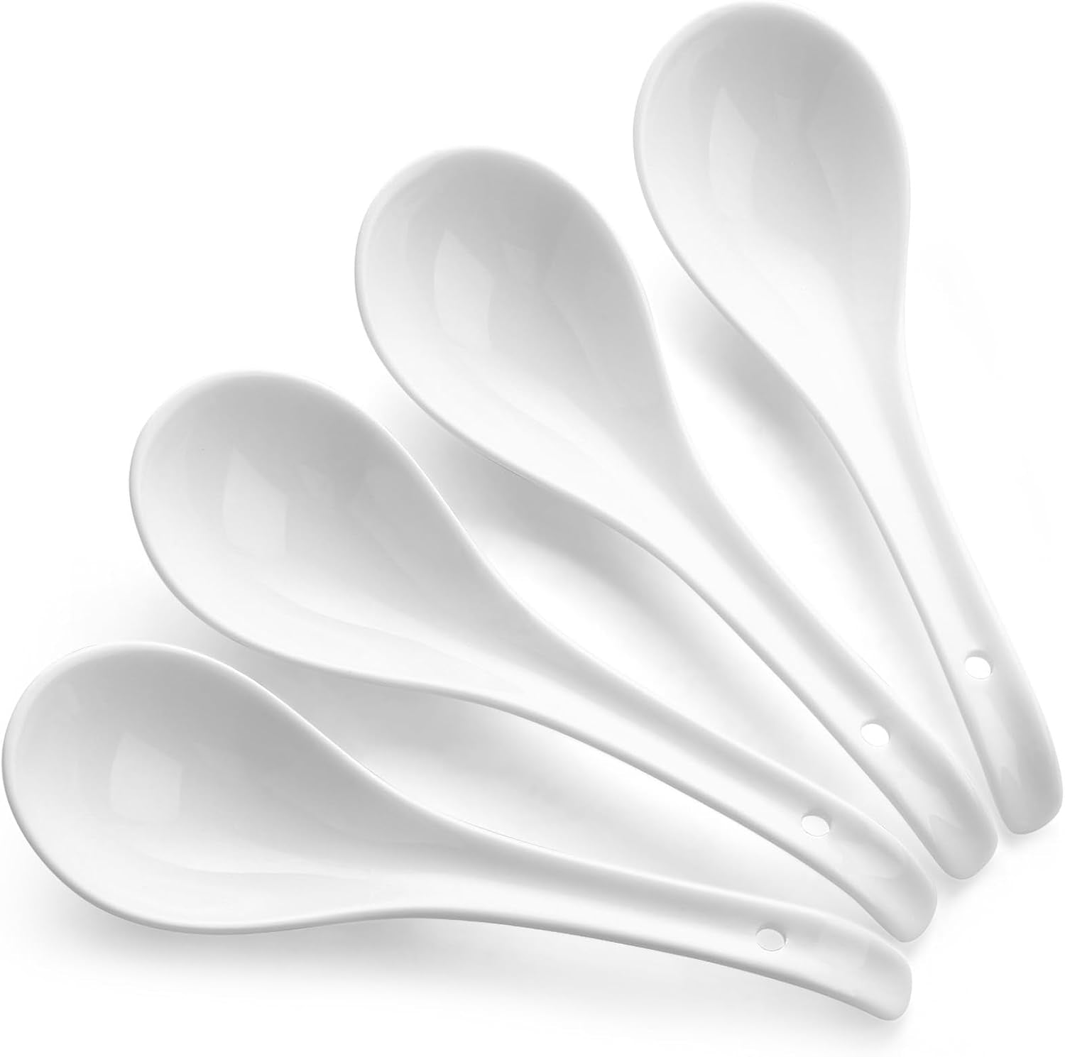 Soup Spoon, Ceramic Asian Soup Spoon, White Japanese Large Spoon, for Ramen, Wontons, Miso Dumplings, Deep Oval Hook Design, Set of 4 (4 Pieces, White)