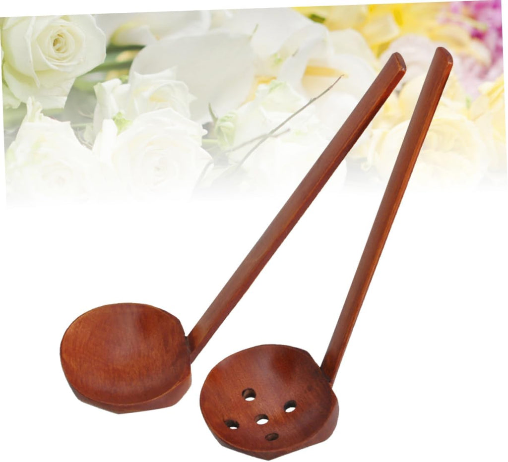 2 Pieces Long Handle Natural Wood Colander Soup Spoon Ramen Spoon for Hot Pot Cooking Handmade Kitchen Utensils for Soup and Ramen