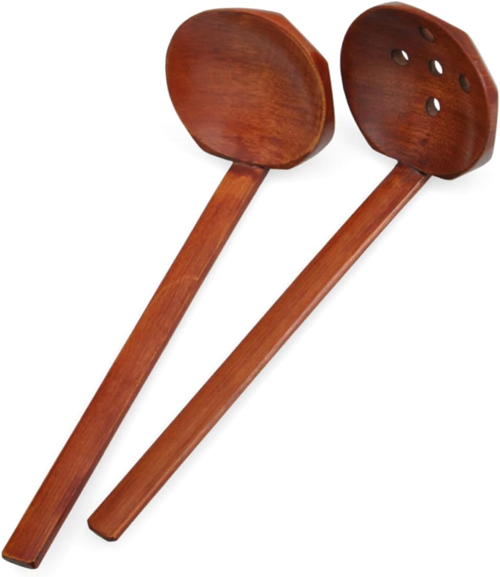2 Pieces Long Handle Natural Wood Colander Soup Spoon Ramen Spoon for Hot Pot Cooking Handmade Kitchen Utensils for Soup and Ramen