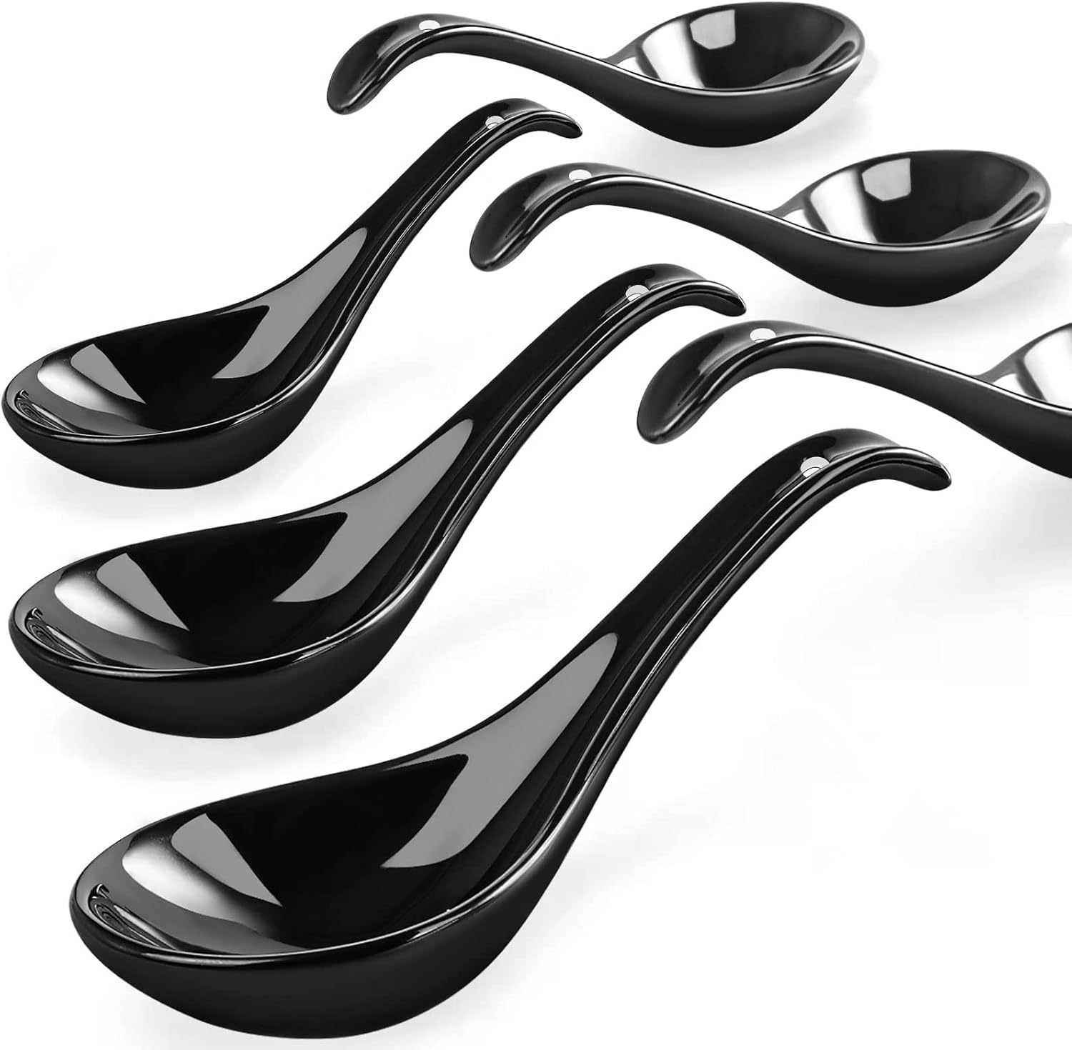 Black Ceramic Spoon Set, 6.75" Deep Oval Hook Design, Dishwasher Safe - Perfect for Ramen, Pho, Noodles, Stews, Wontons, Dumplings, Miso