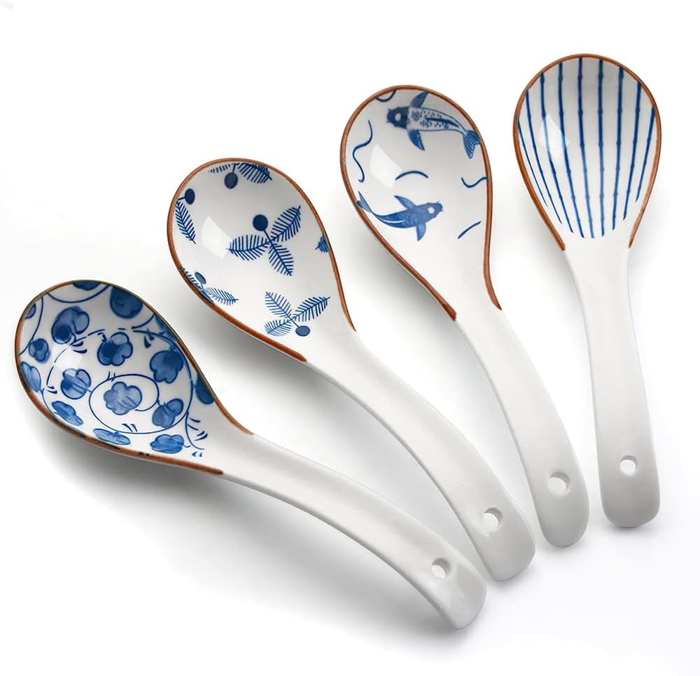 Porcelain Spoon, 6.2 Inch Asian Spoon, Ramen Spoon, Japanese Soup Spoon (for Vietnamese Pho, Wontons, Noodles), Chinese Ceramic Rice Spoon, Set of 4