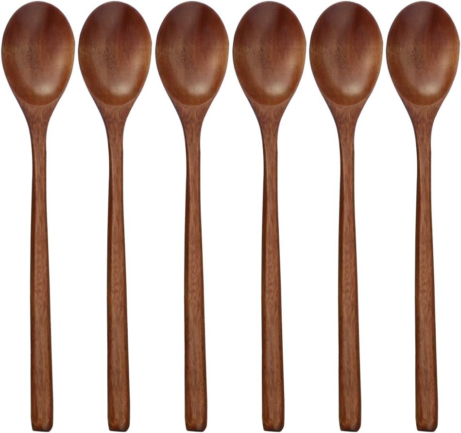 Wooden Spoon, 6 Pieces 9 Inch Wooden Soup Spoon for Edible Mixing and Stirring, Long Handle Spoon with Japanese Kitchen Utensils, Eco-Friendly Table Spoon