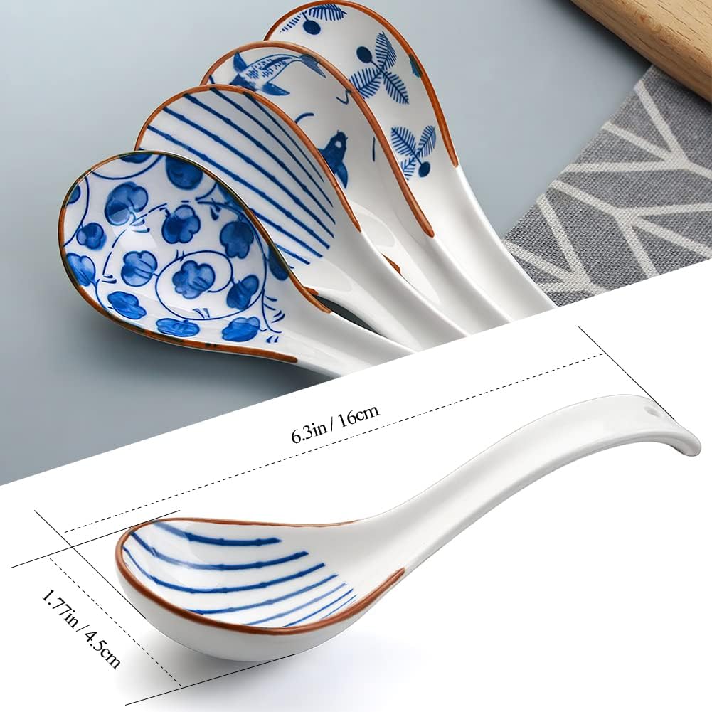 Porcelain Spoon, 6.2 Inch Asian Spoon, Ramen Spoon, Japanese Soup Spoon (for Vietnamese Pho, Wontons, Noodles), Chinese Ceramic Rice Spoon, Set of 4