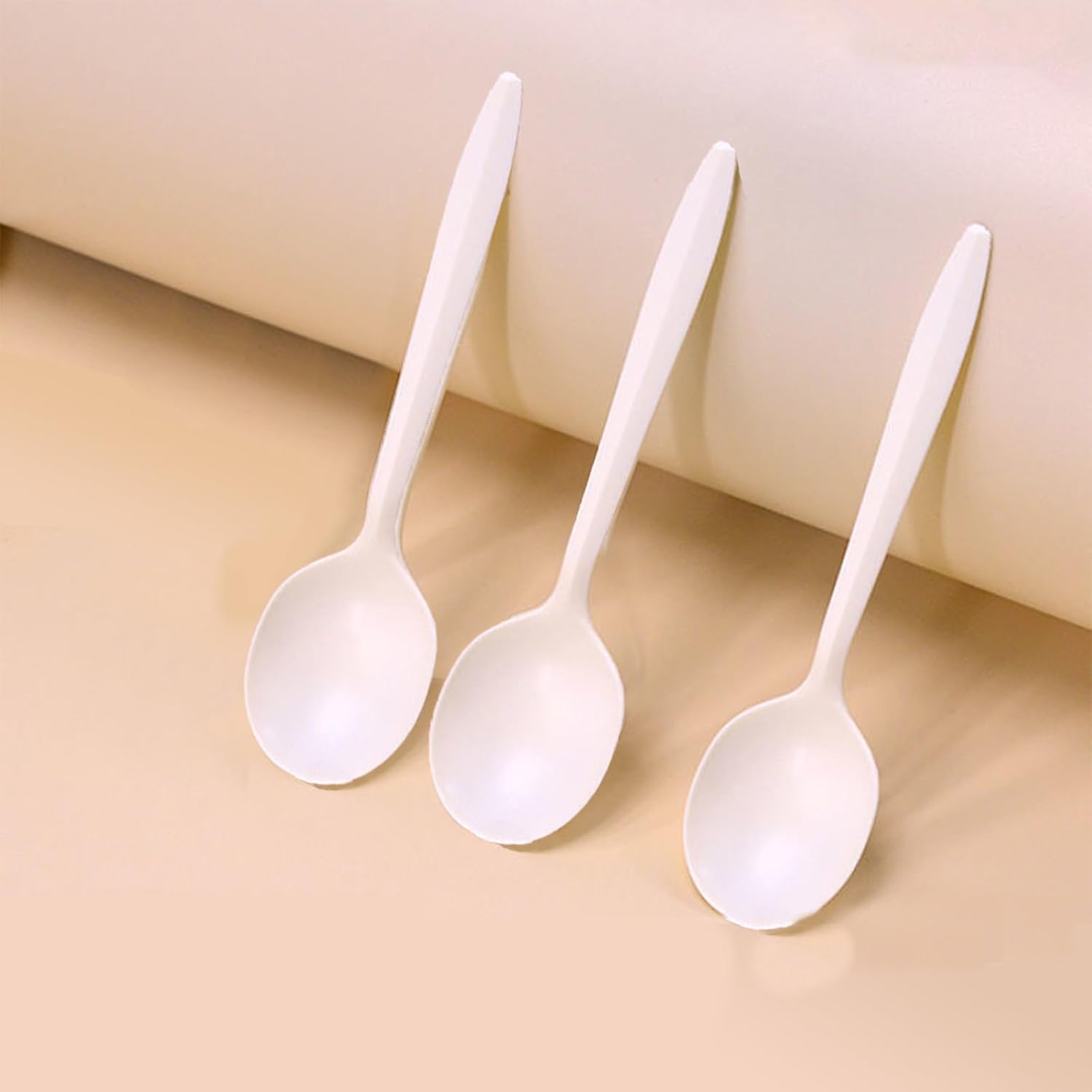 Eco-Friendly 50-Count Cornstarch Spoons, Ivory Large Capacity 5.3-Inch Disposable Spoons for Hot Soups, Smoothies, Salads, and More.
