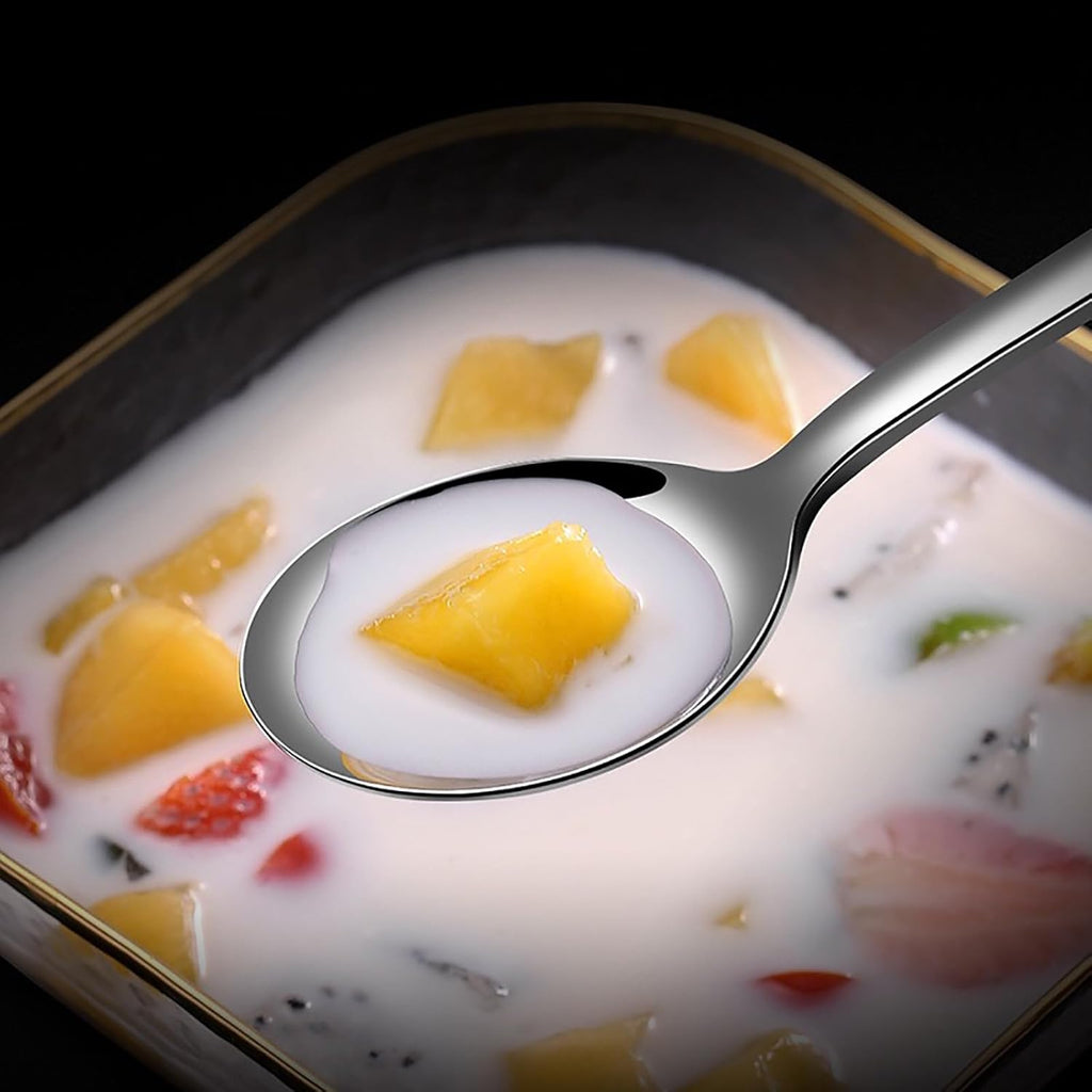 Korean Spoon, 18/8 Stainless Steel Long Handle 8 Inch Spoon, Asian Metal Dinner Spoon, Set of 4 (Flower)