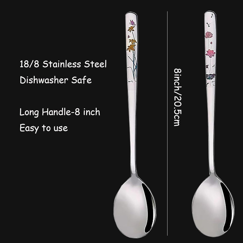 Korean Spoon, 18/8 Stainless Steel Long Handle 8 Inch Spoon, Asian Metal Dinner Spoon, Set of 4 (Flower)