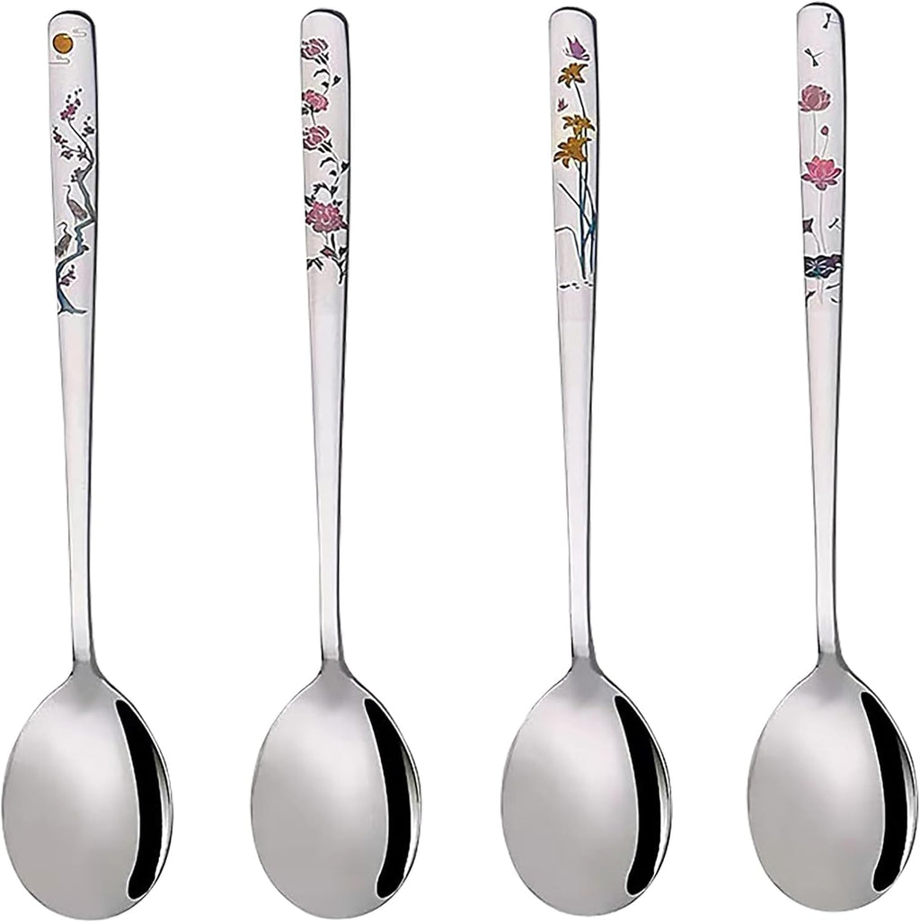 Korean Spoon, 18/8 Stainless Steel Long Handle 8 Inch Spoon, Asian Metal Dinner Spoon, Set of 4 (Flower)
