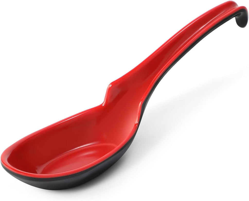 12 Pack Asian Soup Spoons, Rice Spoons, Melamine Chinese Wonton Soup Spoons for Soba, Pho, Ramen, Noodles, Korean Long Handle Spoons - Notched and Hooked, Red and Black