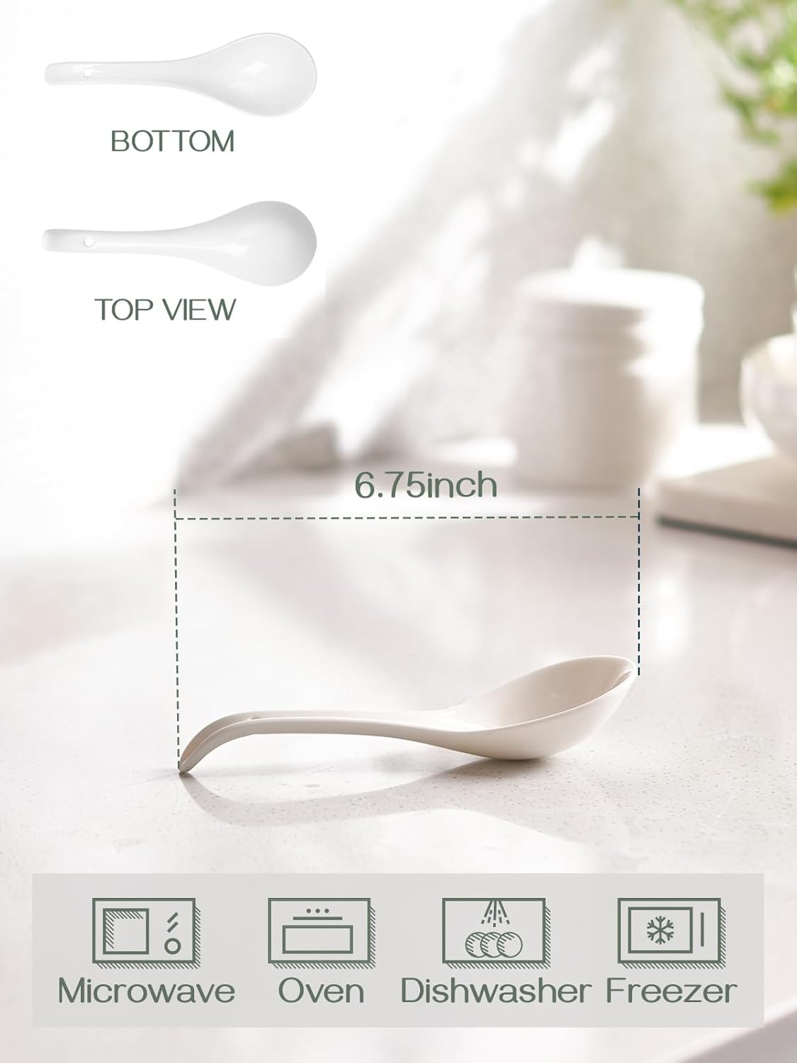 Soup Spoon, Ceramic Asian Soup Spoon, White Japanese Large Spoon, for Ramen, Wontons, Miso Dumplings, Deep Oval Hook Design, Set of 4 (4 Pieces, White)