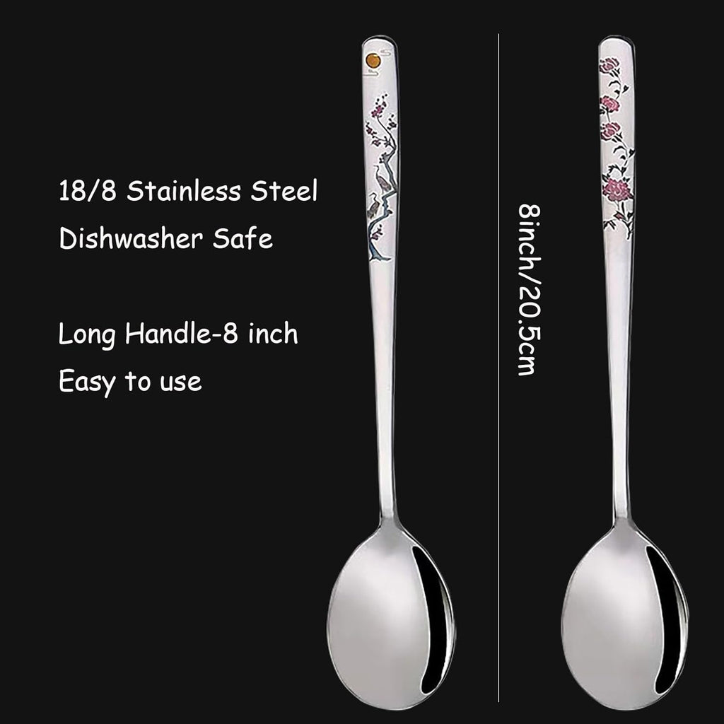 Korean Spoon, 18/8 Stainless Steel Long Handle 8 Inch Spoon, Asian Metal Dinner Spoon, Set of 4 (Flower)