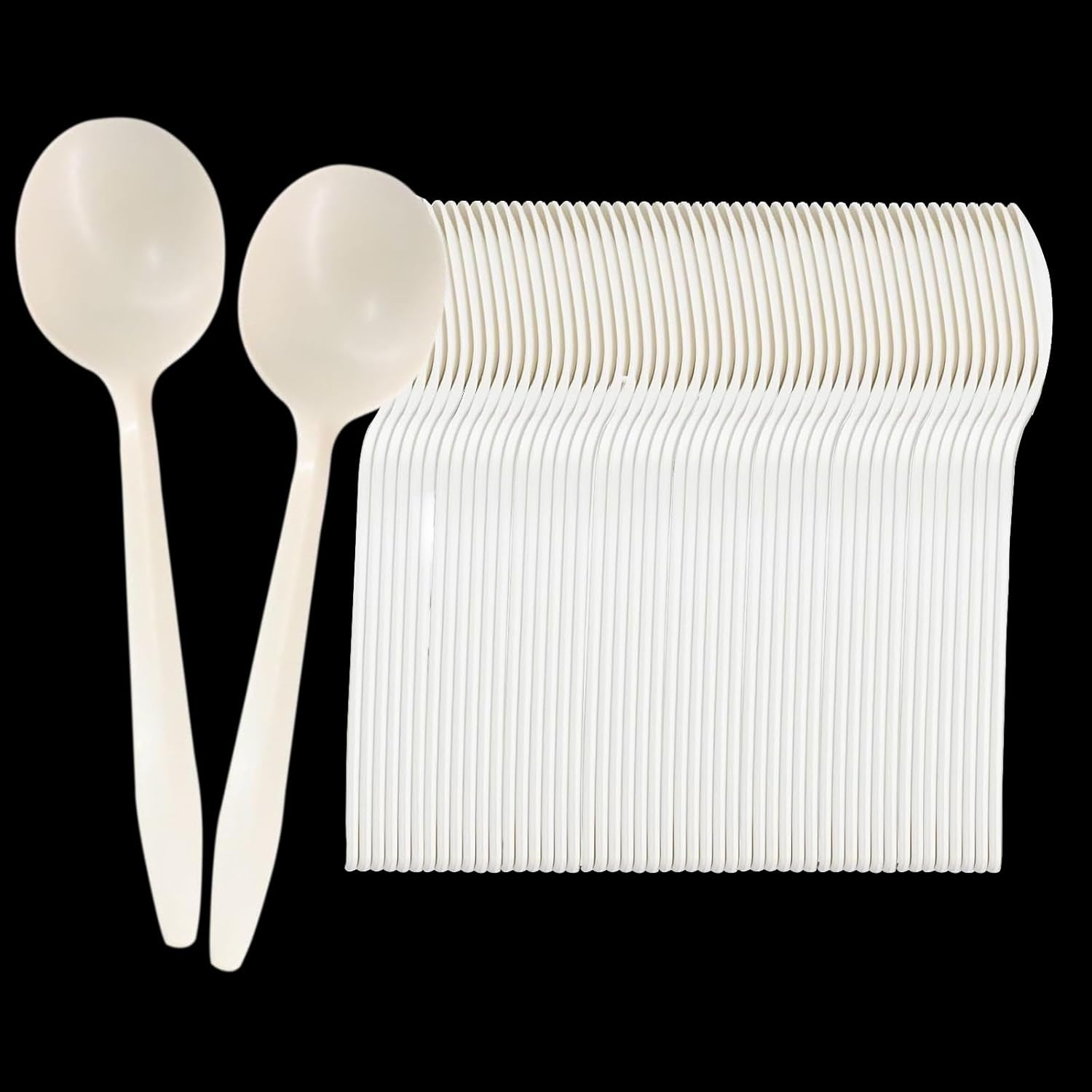 Eco-Friendly 50-Count Cornstarch Spoons, Ivory Large Capacity 5.3-Inch Disposable Spoons for Hot Soups, Smoothies, Salads, and More.