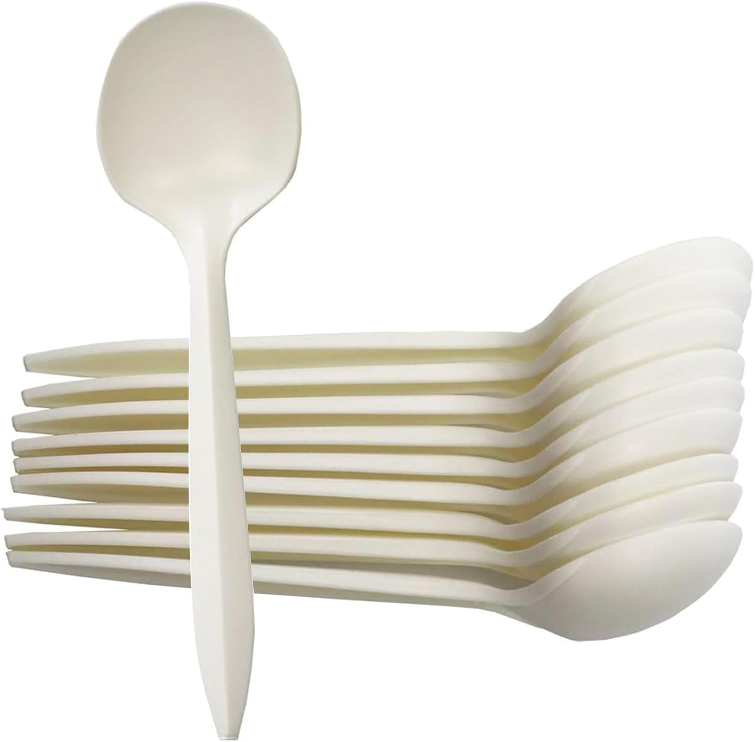 Eco-Friendly 50-Count Cornstarch Spoons, Ivory Large Capacity 5.3-Inch Disposable Spoons for Hot Soups, Smoothies, Salads, and More.