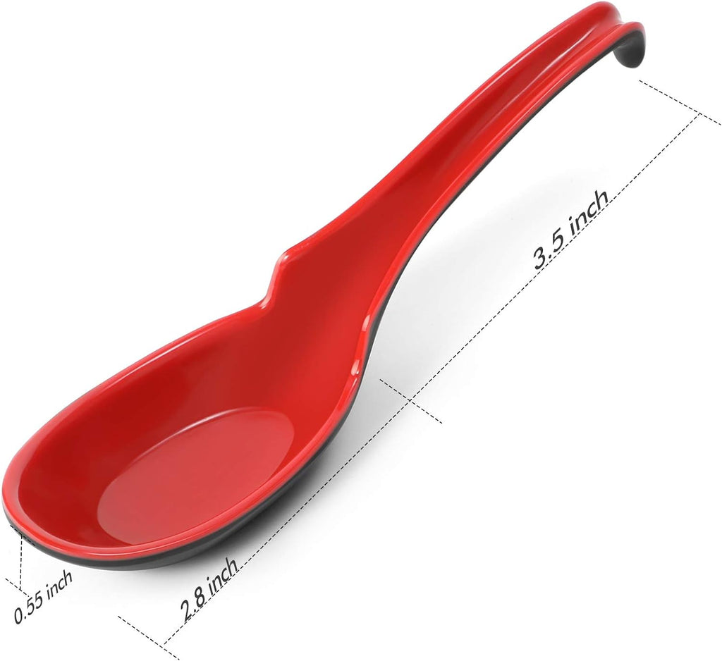 12 Pack Asian Soup Spoons, Rice Spoons, Melamine Chinese Wonton Soup Spoons for Soba, Pho, Ramen, Noodles, Korean Long Handle Spoons - Notched and Hooked, Red and Black