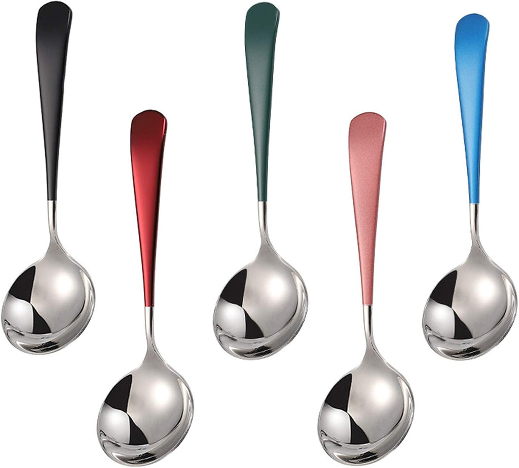 Stainless Steel Spoon, 18/10 Round Head Spoon, Modern Thick Short Handle 304 Stainless Steel Korean Spoon, Dinner Metal Spoon for Soup, Cereal, Dessert, Milk, Tea, Coffee, 6.3 Inch, Set of 5