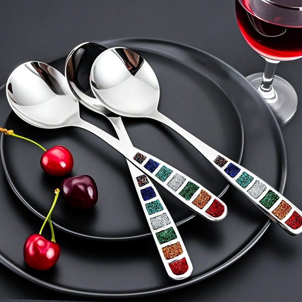 High quality 7.24 inch European style spoon, stainless steel creative color enamel spoon drinking spoon, dishwasher safe, set of 6