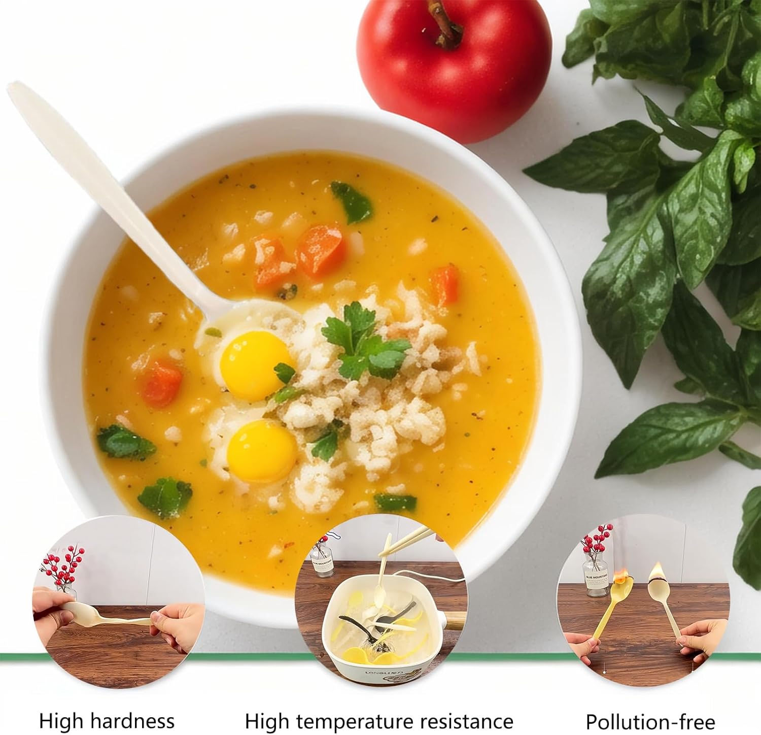 Eco-Friendly 50-Count Cornstarch Spoons, Ivory Large Capacity 5.3-Inch Disposable Spoons for Hot Soups, Smoothies, Salads, and More.