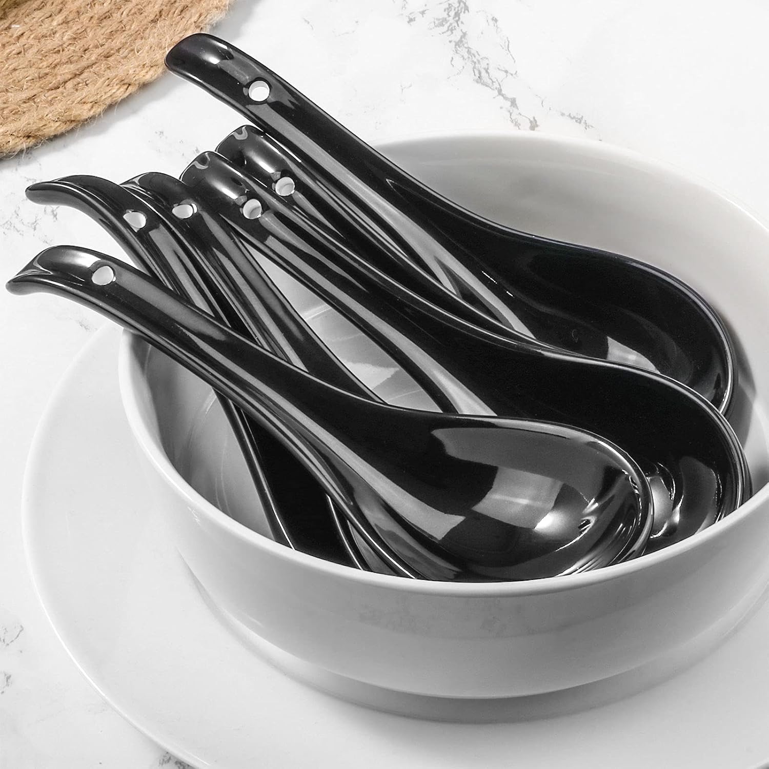 Black Ceramic Spoon Set, 6.75" Deep Oval Hook Design, Dishwasher Safe - Perfect for Ramen, Pho, Noodles, Stews, Wontons, Dumplings, Miso