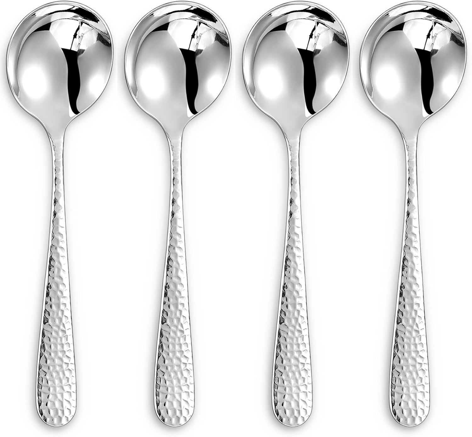 Premium 4-Piece Hammered Spoon Set, 18/10 Stainless Steel, 4-Piece, Round Edge Fine Spoon Set, Dishwasher Safe (7-Inch Spoons)