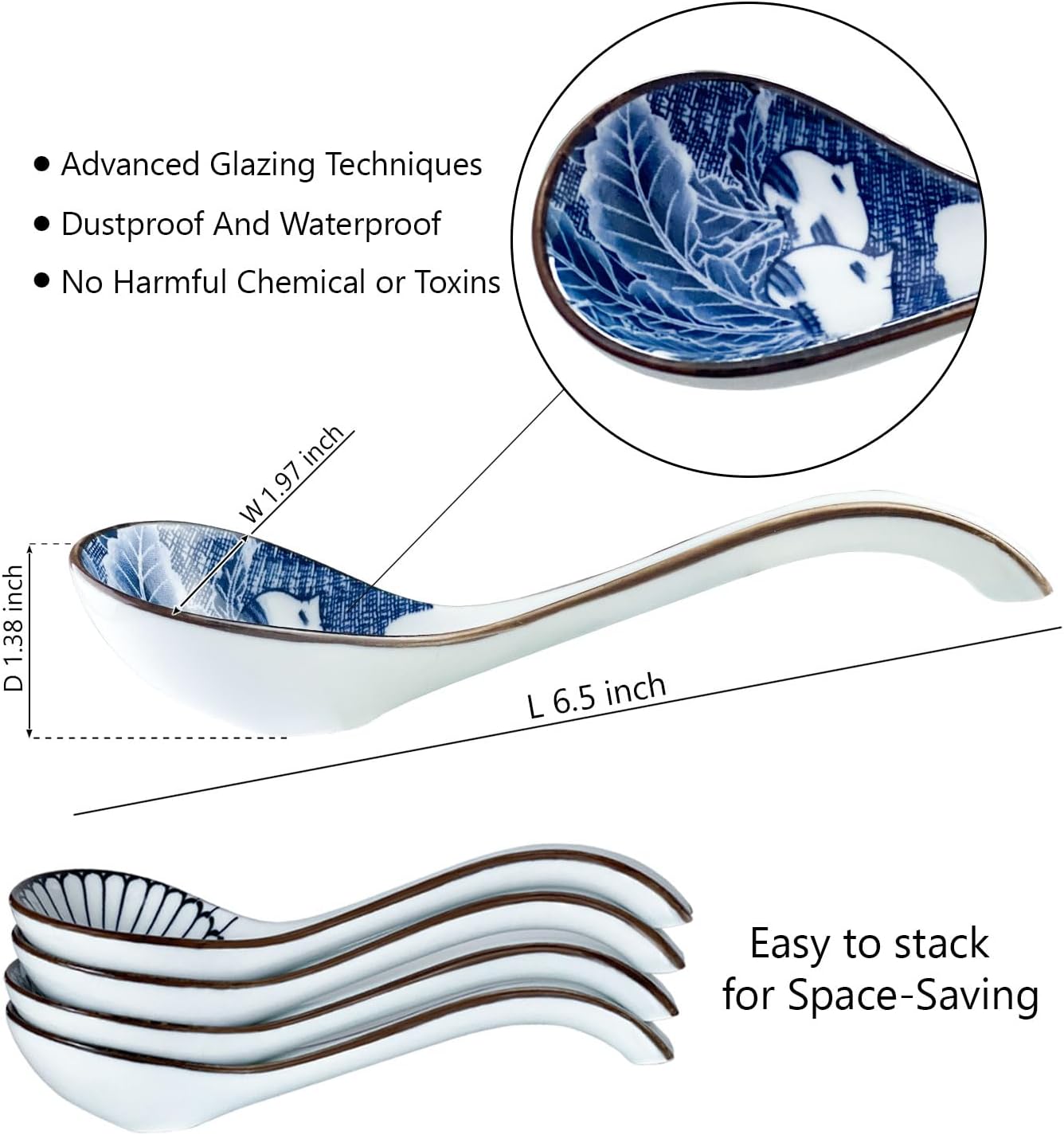 Asian ceramic spoon, long handle for easy grip, non-slip bottom, suitable for Japanese ramen, Chinese and Vietnamese wonton, noodle soup spoon