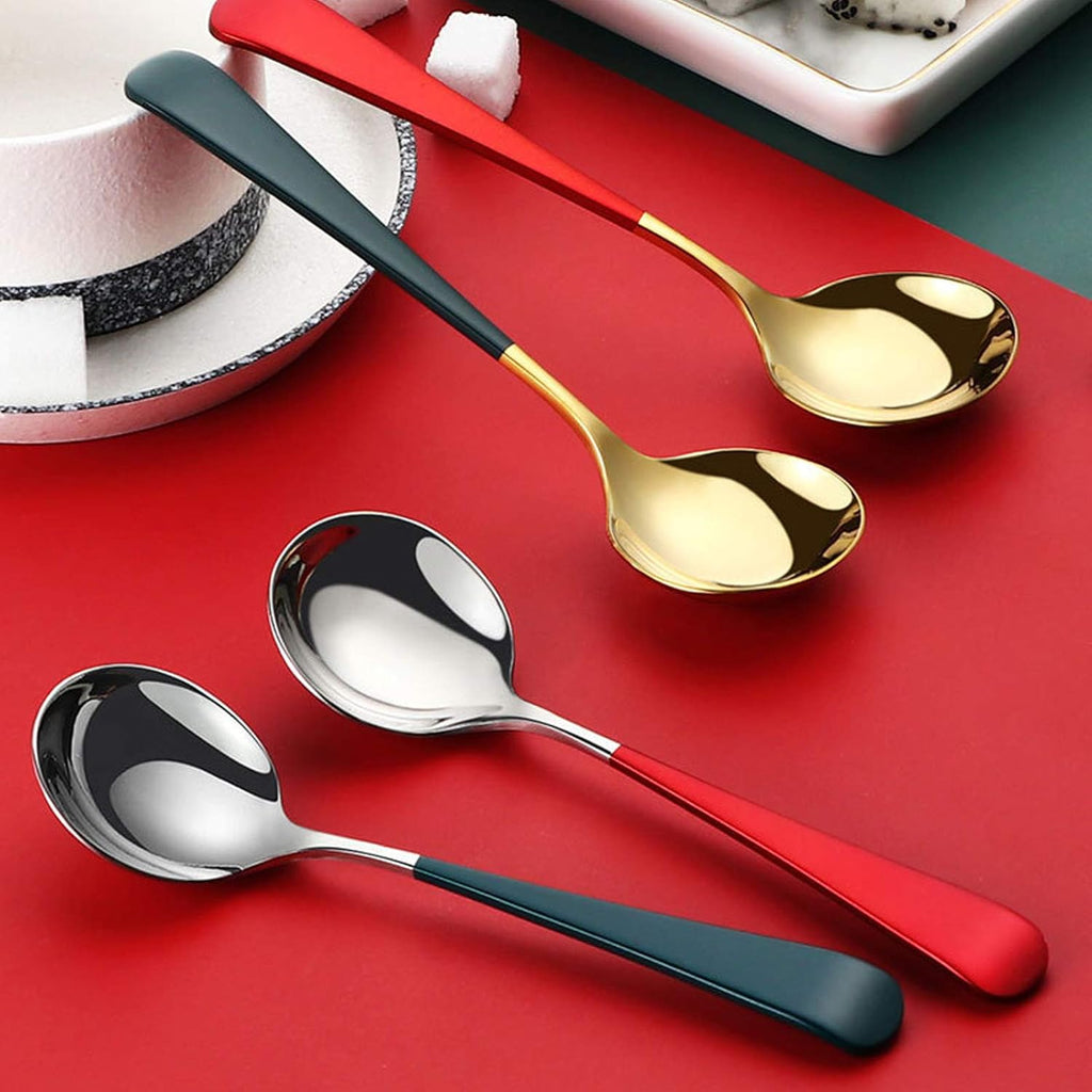 Stainless Steel Spoon, 18/10 Round Head Spoon, Modern Thick Short Handle 304 Stainless Steel Korean Spoon, Dinner Metal Spoon for Soup, Cereal, Dessert, Milk, Tea, Coffee, 6.3 Inch, Set of 5