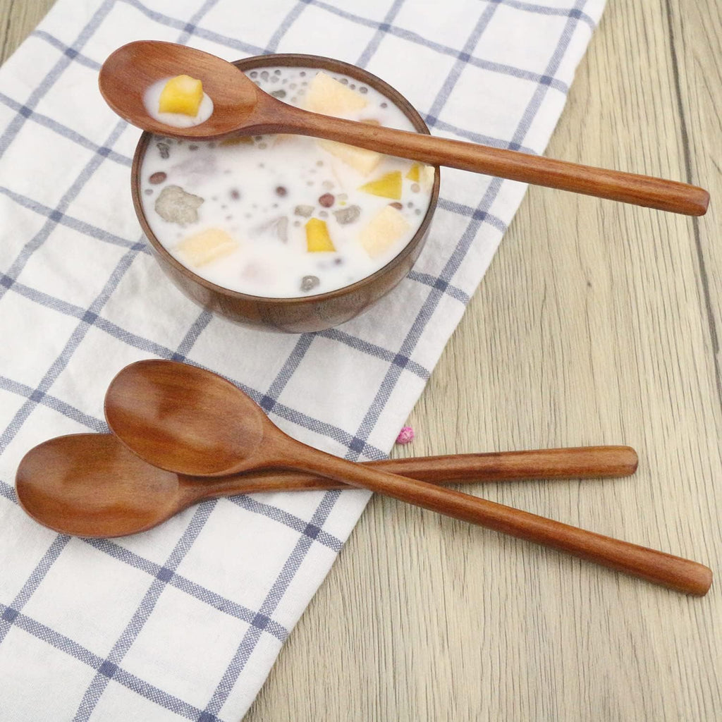 Wooden Spoon, 6 Pieces 9 Inch Wooden Soup Spoon for Edible Mixing and Stirring, Long Handle Spoon with Japanese Kitchen Utensils, Eco-Friendly Table Spoon