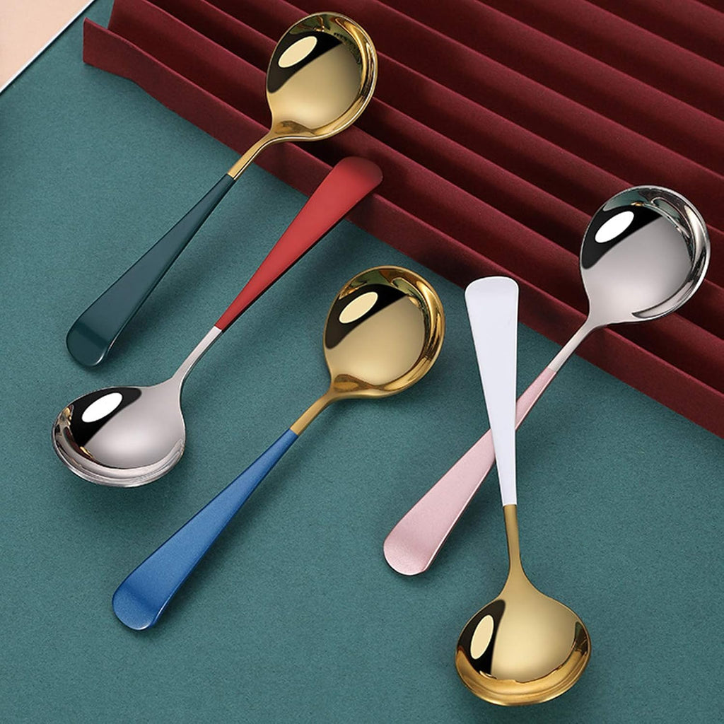 Stainless Steel Spoon, 18/10 Round Head Spoon, Modern Thick Short Handle 304 Stainless Steel Korean Spoon, Dinner Metal Spoon for Soup, Cereal, Dessert, Milk, Tea, Coffee, 6.3 Inch, Set of 5