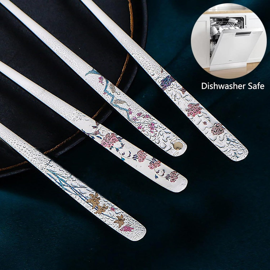 Korean Spoon, 18/8 Stainless Steel Long Handle 8 Inch Spoon, Asian Metal Dinner Spoon, Set of 4 (Flower)