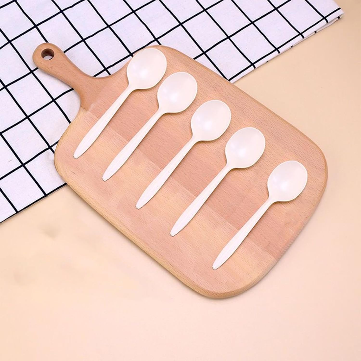 Eco-Friendly 50-Count Cornstarch Spoons, Ivory Large Capacity 5.3-Inch Disposable Spoons for Hot Soups, Smoothies, Salads, and More.