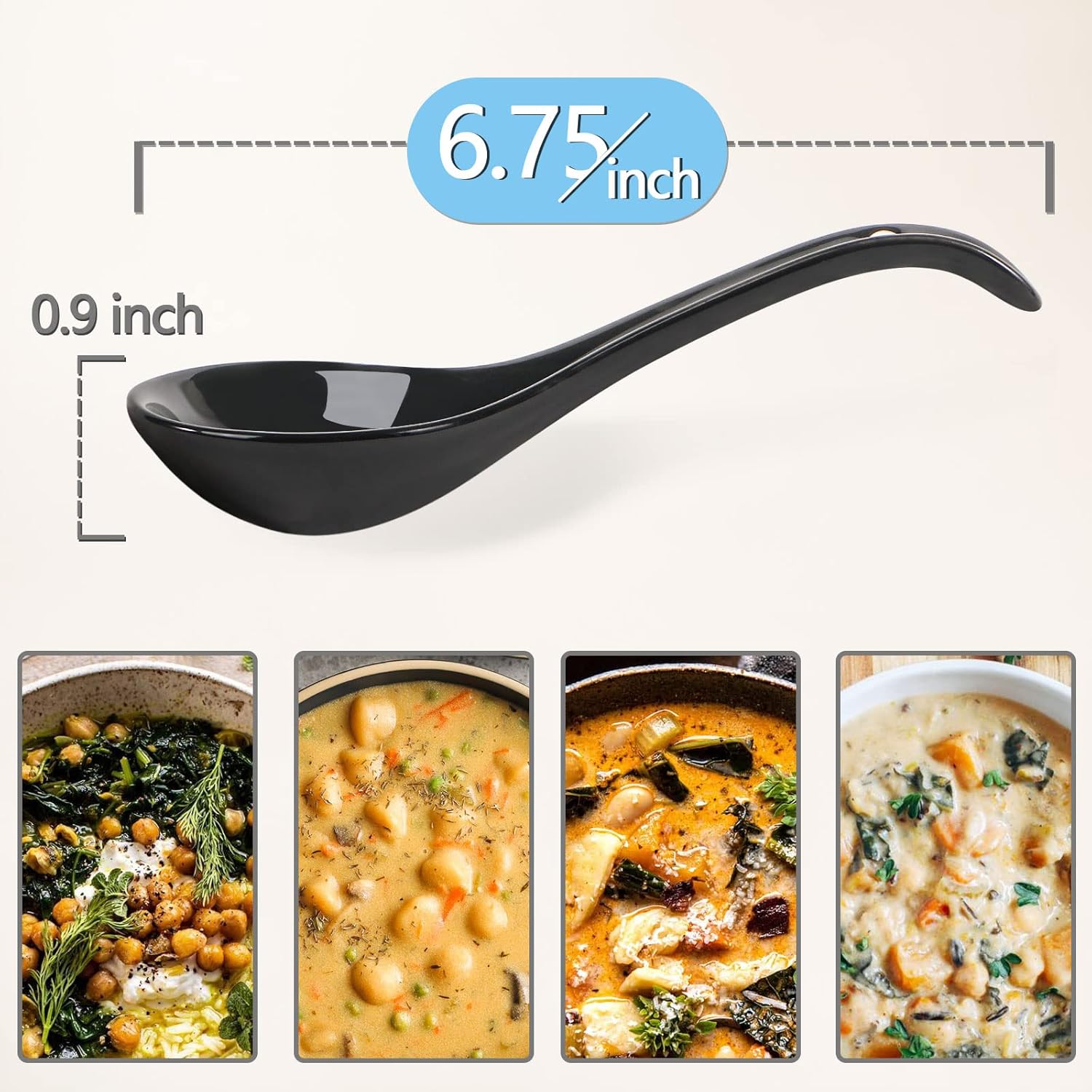 Black Ceramic Spoon Set, 6.75" Deep Oval Hook Design, Dishwasher Safe - Perfect for Ramen, Pho, Noodles, Stews, Wontons, Dumplings, Miso