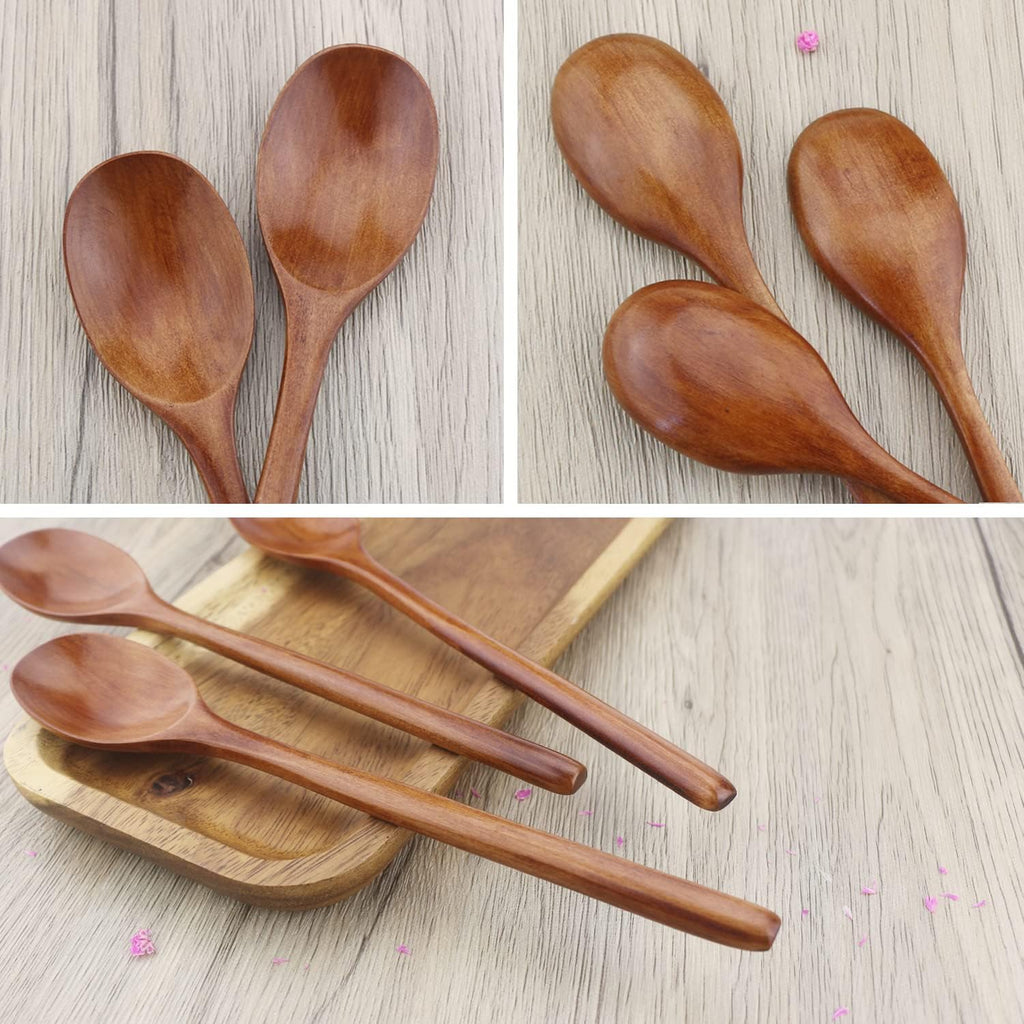 Wooden Spoon, 6 Pieces 9 Inch Wooden Soup Spoon for Edible Mixing and Stirring, Long Handle Spoon with Japanese Kitchen Utensils, Eco-Friendly Table Spoon