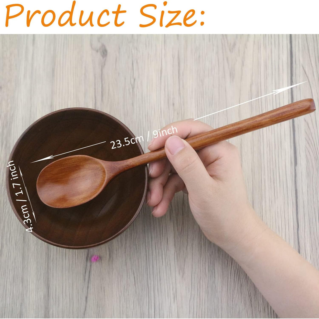 Wooden Spoon, 6 Pieces 9 Inch Wooden Soup Spoon for Edible Mixing and Stirring, Long Handle Spoon with Japanese Kitchen Utensils, Eco-Friendly Table Spoon