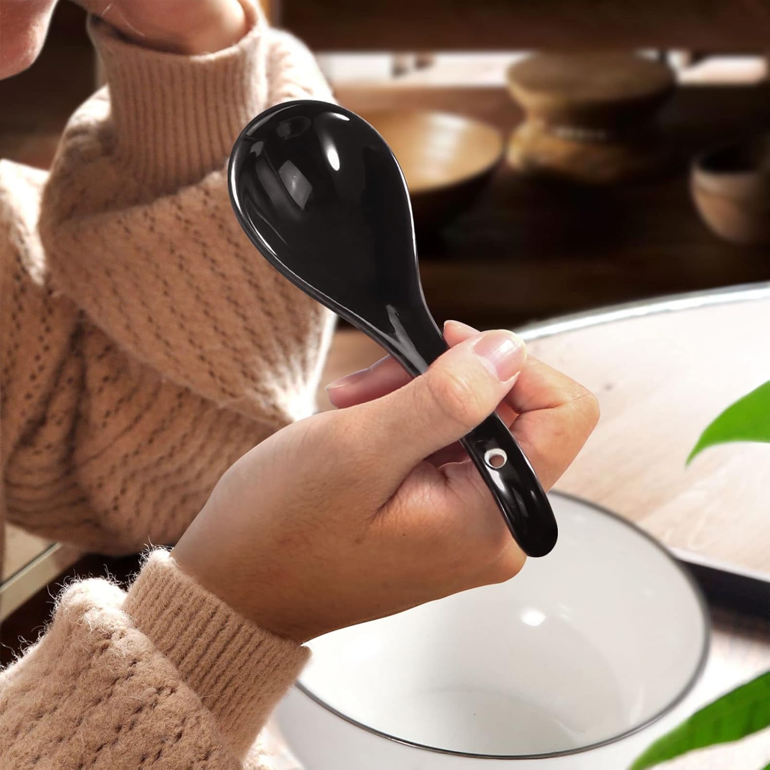 Black Ceramic Spoon Set, 6.75" Deep Oval Hook Design, Dishwasher Safe - Perfect for Ramen, Pho, Noodles, Stews, Wontons, Dumplings, Miso