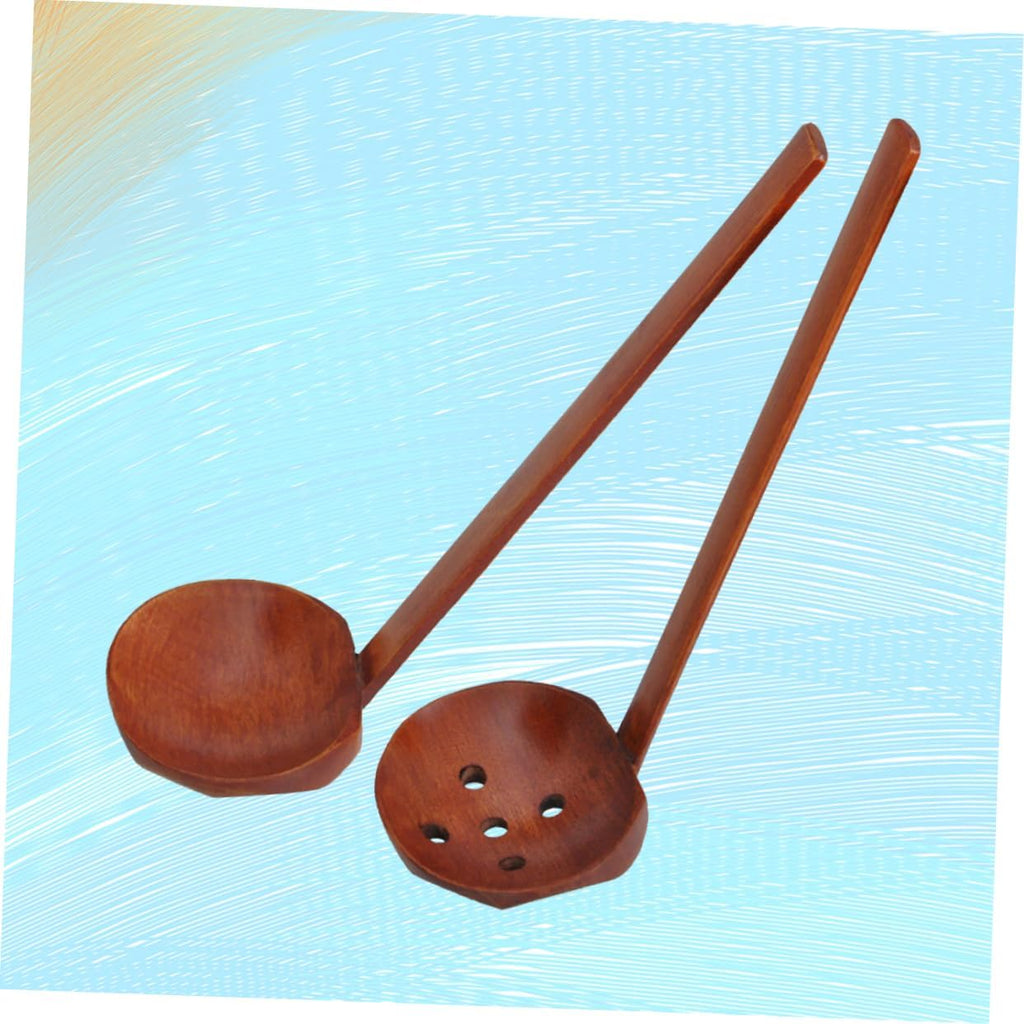 2 Pieces Long Handle Natural Wood Colander Soup Spoon Ramen Spoon for Hot Pot Cooking Handmade Kitchen Utensils for Soup and Ramen