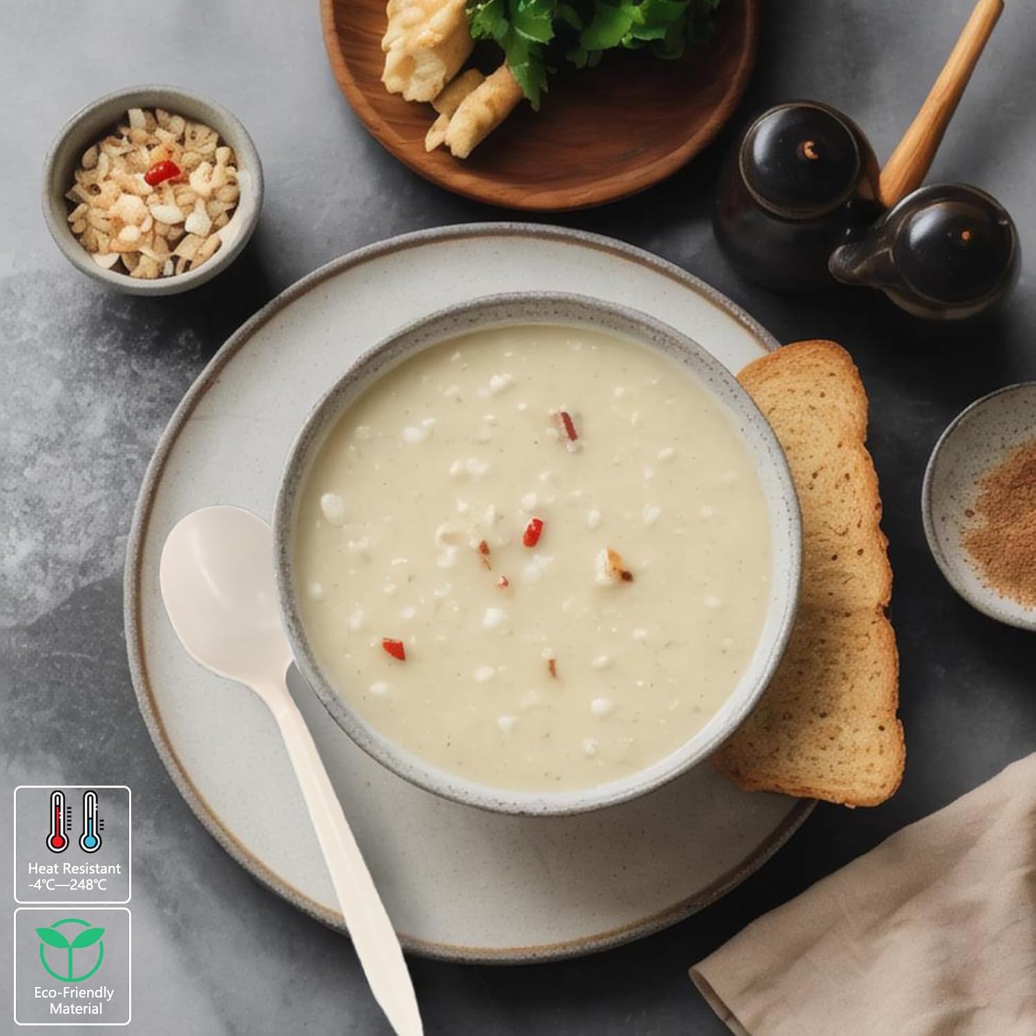 Eco-Friendly 50-Count Cornstarch Spoons, Ivory Large Capacity 5.3-Inch Disposable Spoons for Hot Soups, Smoothies, Salads, and More.