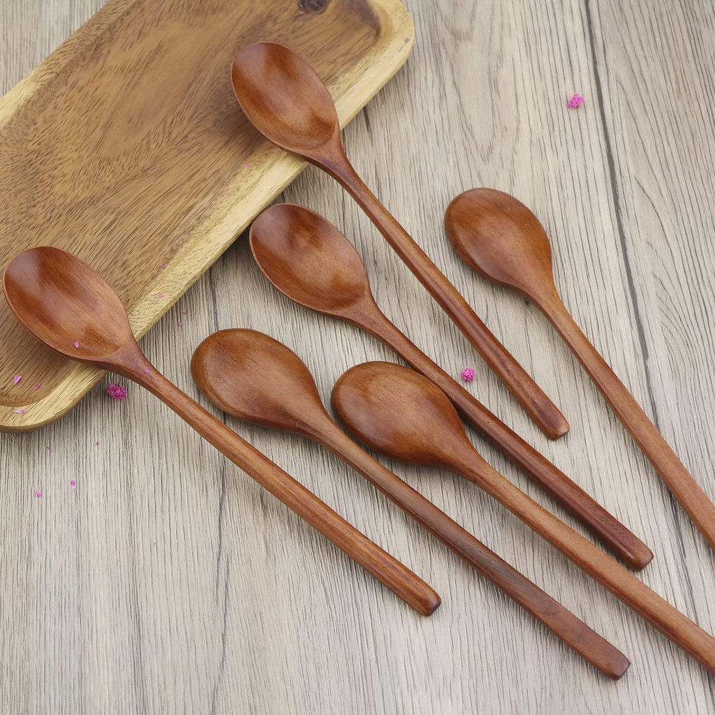 Wooden Spoon, 6 Pieces 9 Inch Wooden Soup Spoon for Edible Mixing and Stirring, Long Handle Spoon with Japanese Kitchen Utensils, Eco-Friendly Table Spoon