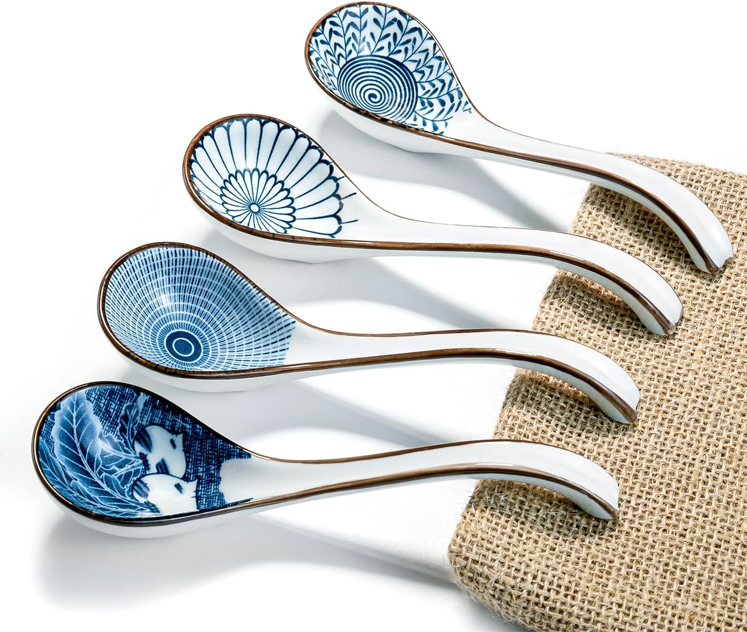 Asian ceramic spoon, long handle for easy grip, non-slip bottom, suitable for Japanese ramen, Chinese and Vietnamese wonton, noodle soup spoon