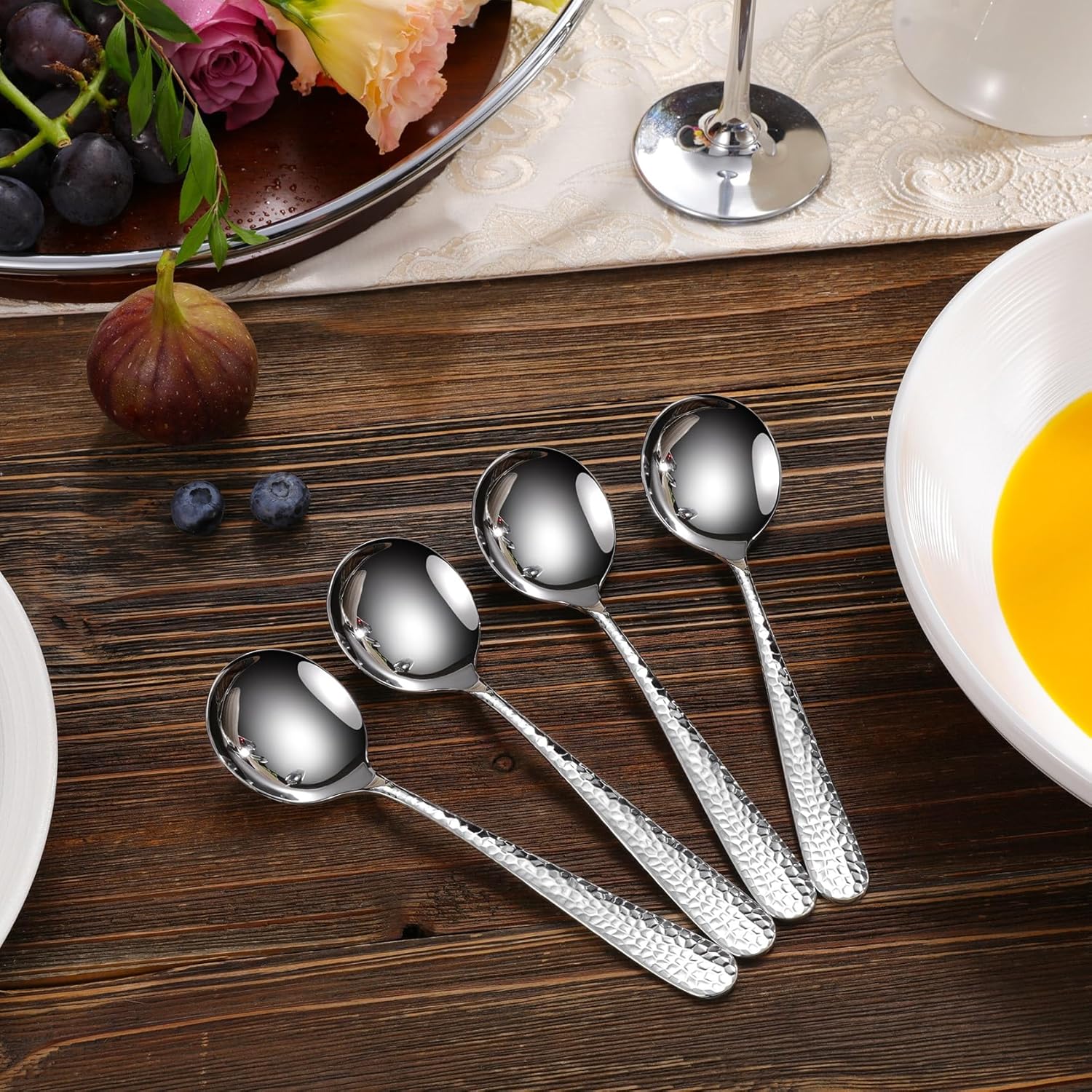 Premium 4-Piece Hammered Spoon Set, 18/10 Stainless Steel, 4-Piece, Round Edge Fine Spoon Set, Dishwasher Safe (7-Inch Spoons)