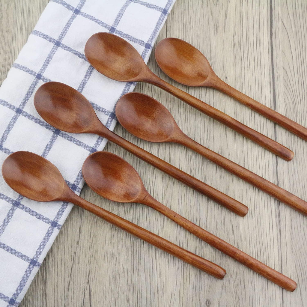 Wooden Spoon, 6 Pieces 9 Inch Wooden Soup Spoon for Edible Mixing and Stirring, Long Handle Spoon with Japanese Kitchen Utensils, Eco-Friendly Table Spoon