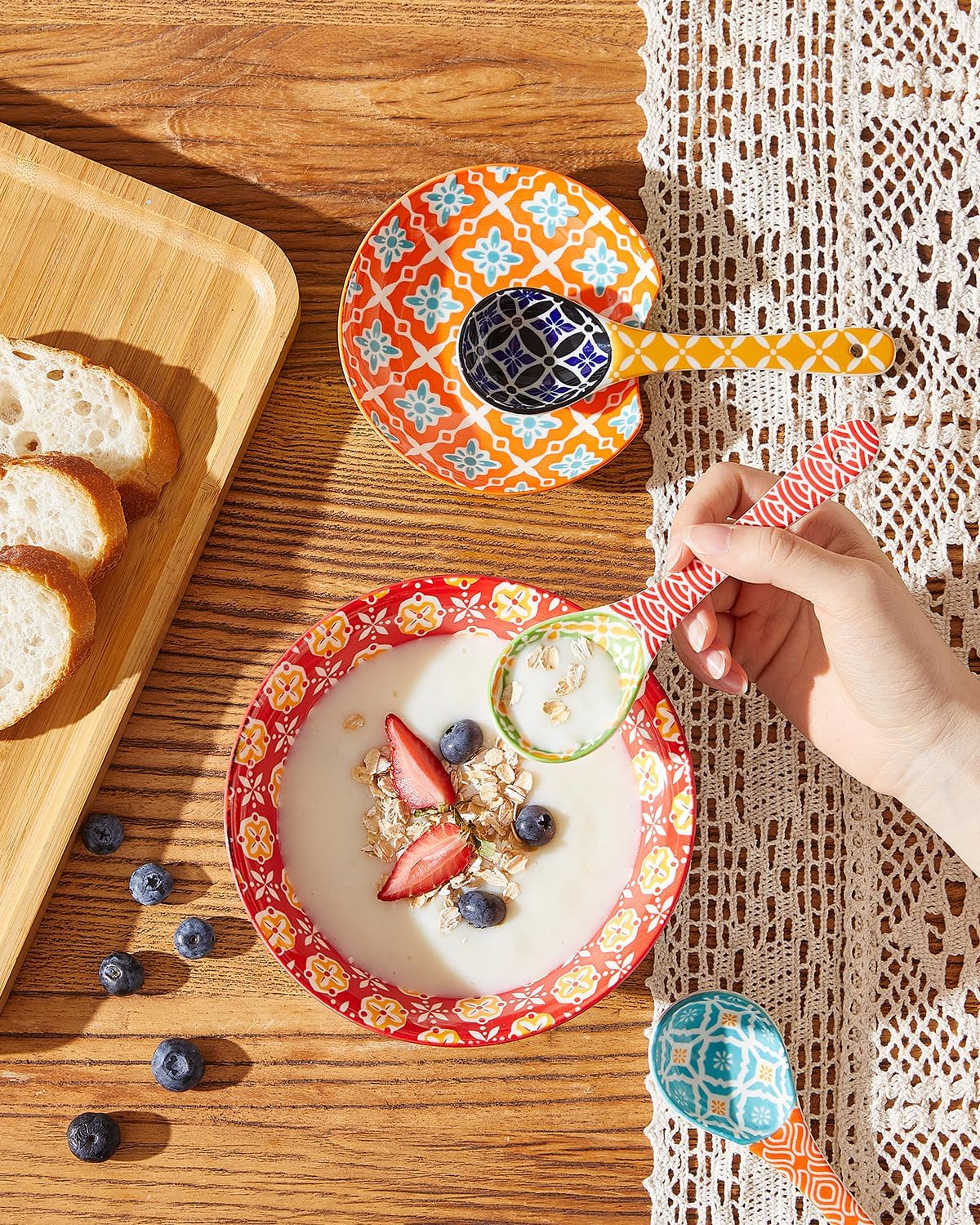 Ceramic small male spoon, colorful spoon set, suitable for cereal, yogurt, sauce, ice cream, ramen, dishwasher and microwave safe, cute decorative spoon set of 6
