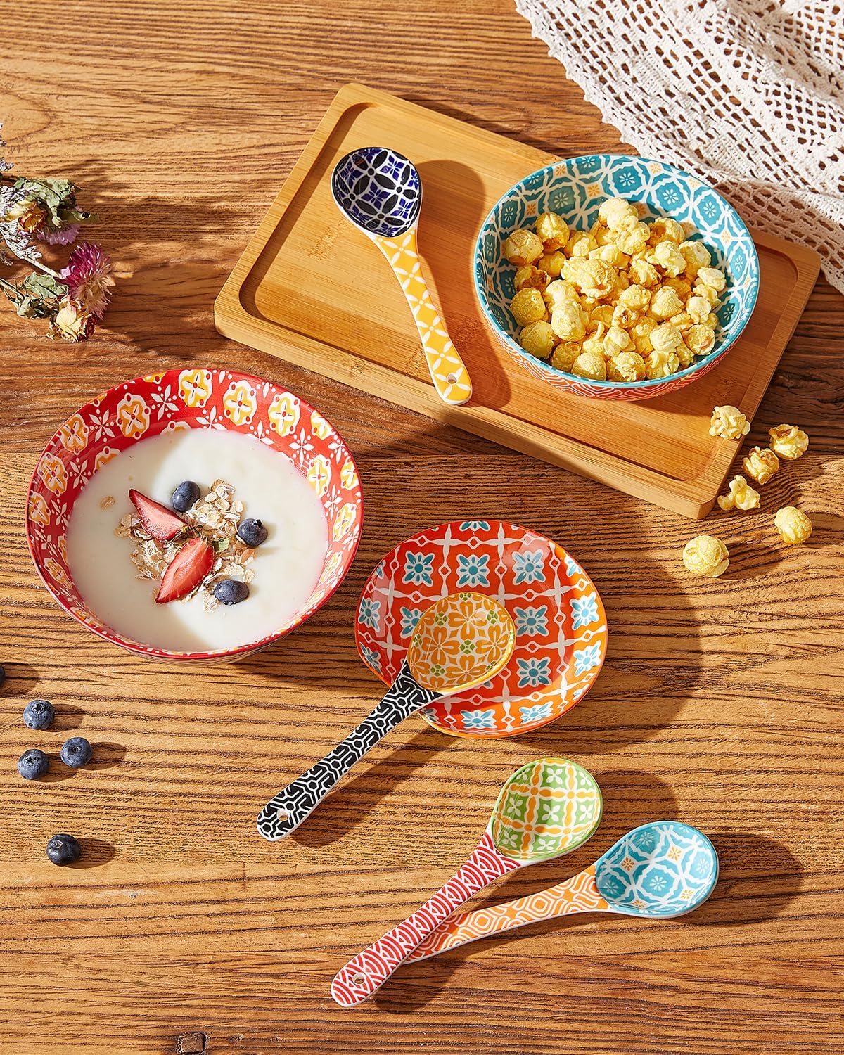 Ceramic small male spoon, colorful spoon set, suitable for cereal, yogurt, sauce, ice cream, ramen, dishwasher and microwave safe, cute decorative spoon set of 6
